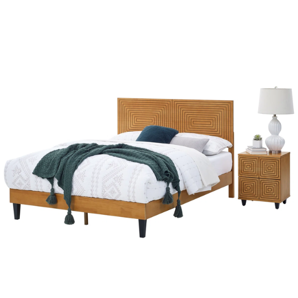 Mid-Century Modern King Size Solid Wood Platform Bed with Adjustable Height Headboard – Stylish Streamlined Design for a Contemporary Bedroom Look