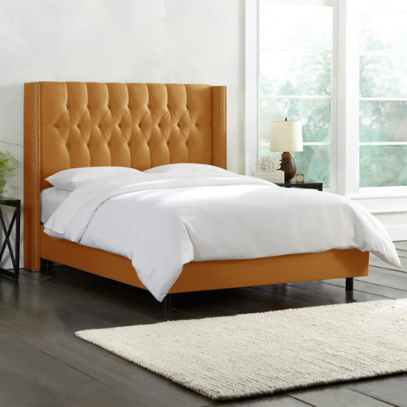 Timeless Upholstered Wingback King Size Bed with Button Tufting and Nailhead Trim