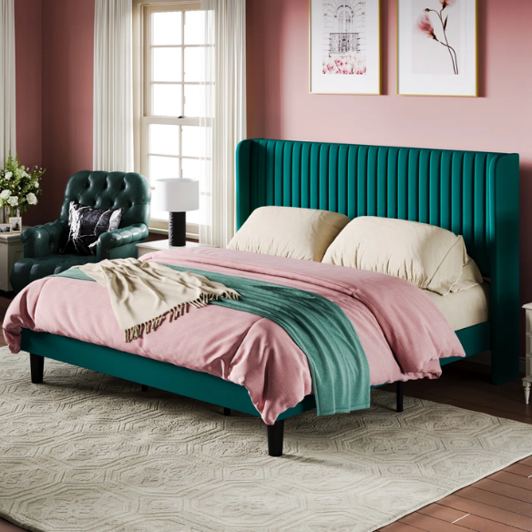 Luxurious King Size Upholstered Velvet Platform Bed with Modern Wingback Headboard – Heavy-Duty Steel Frame, No Box Spring Needed, and Ample Under-Bed Storage