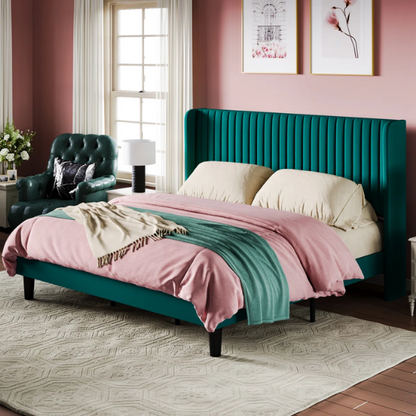 Luxurious King Size Upholstered Velvet Platform Bed with Modern Wingback Headboard – Heavy-Duty Steel Frame, No Box Spring Needed, and Ample Under-Bed Storage
