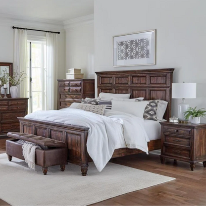Old-World Charm Meets Glamour in 5-Piece Queen Bedroom Set – Rich Brown Finish with Crown Molding, Felt-Lined Drawers, and Built-In Outlets
