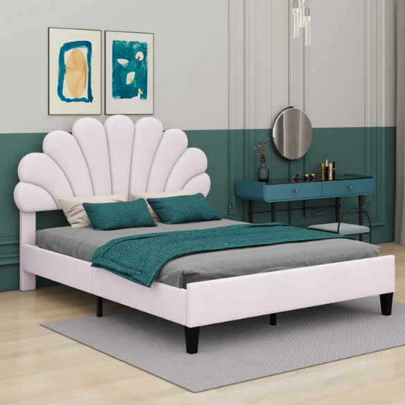 Upholstered Platform Bed with Flower Pattern Velvet Headboard – Full/Double Size, Elegant Design for Modern Bedrooms