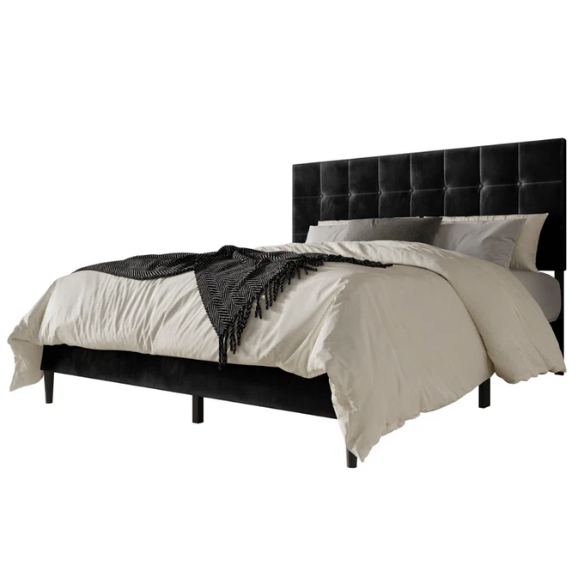 Luxurious Upholstered King Size Platform Bed with Tufted Velvet Headboard and Modern Tapered Legs – A Sophisticated Addition to Any Bedroom