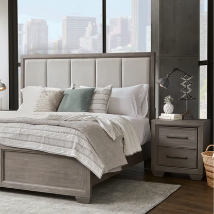 6-Piece Gray Wood Bedroom Set with Upholstered Panel Bed, Dresser, Mirror, 2 Nightstands, and Chest – Elegant and Timeless Design
