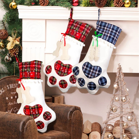 Red Plaid Paw Christmas Stocking – Festive Holiday Decor & Gift Holder for Pets