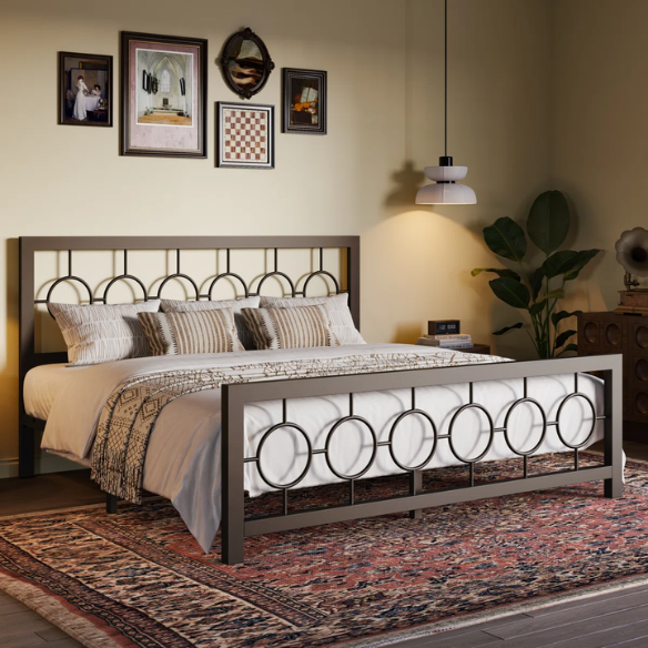 Modern King Size Metal Open-Frame Platform Bed with Art Deco-Inspired Circle Medallion Details – Sleek, Clean-Lined Design with Sturdy Metal Frame and Minimalist Aesthetic