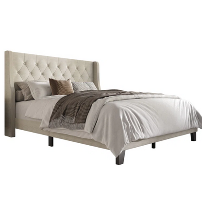 Elegant King Size Upholstered Wingback Bed with Button-Tufted Headboard – Foam-Padded for Ultimate Comfort and Support