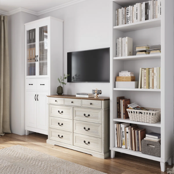 Rustic Modern 9-Drawer 53.5'' Double Dresser with Inset Paneling, Crown Molding, and Customizable Metal Handles