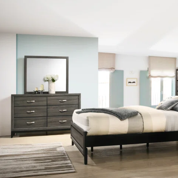 Rustic Cabin-Inspired 5-Piece Queen Bedroom Set with Carved Wood Panel Bed, Metal Hardware, and Dark Gray Brushed Finish
