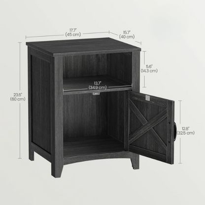 Farmhouse Nightstand with Cabinet & Open Compartment – Rustic Bedside Table, Distressed Finish, Barn Door Style, Matte Black Metal Handles, Flared Legs, Versatile Storage for Bedroom or Living Room