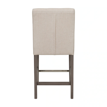 Upholstered 25" Counter Height Bar Stool – Modern Farmhouse Design with Tufted Back, Foam Padded Seat, Washed Grey Solid Wood Legs, and Durable Steel Footrest
