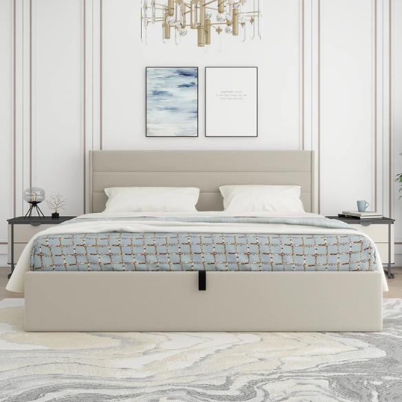 Elegant Hydraulic Lift Upholstered Storage Bed with Wingback Headboard, Velvet Fabric, Button-Tufted Detailing, and Ample Under-Bed Storage for Bedding and Seasonal Items