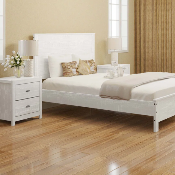 Heavy-Duty Solid Wood Twin Bedroom Set: 3-Piece Collection Featuring Sturdy Bed Frame and Two Bedside Tables