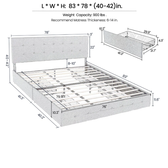 King Size Upholstered Platform Bed with Storage Drawers, Padded Headboard, and Sophisticated Button Tufting