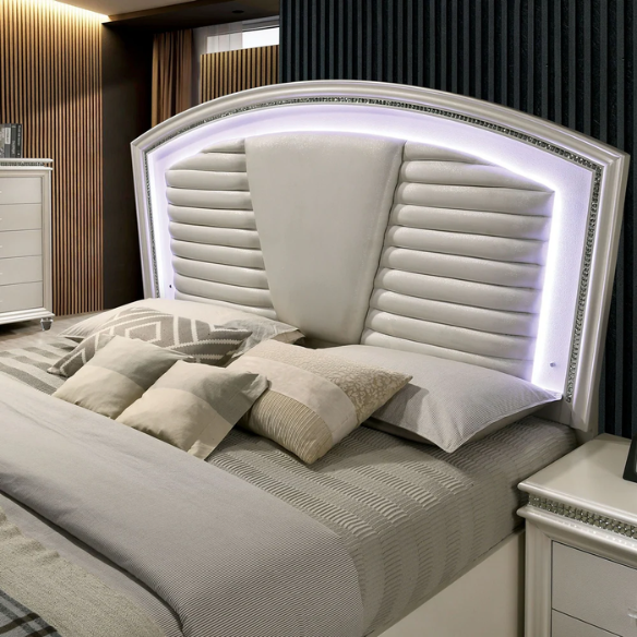 2-Piece Glam White Solid Wood Platform Bedroom Set with LED Lighting & Crystal Accents