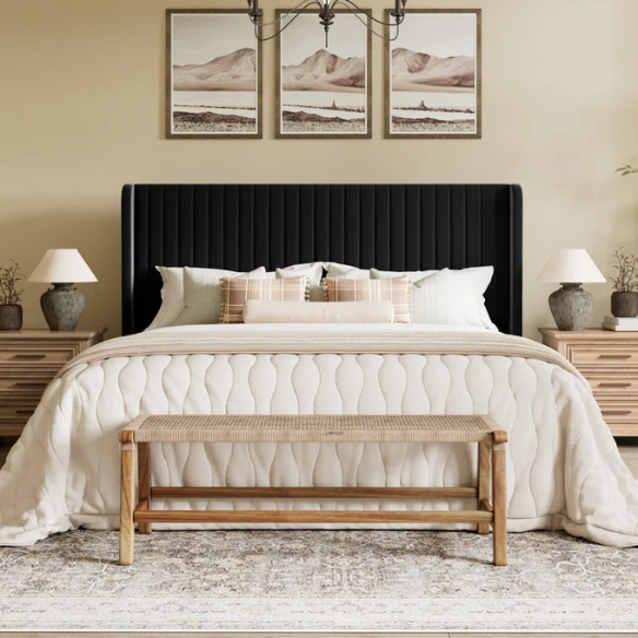 King Size Upholstered Platform Bed with Wingback Headboard – Simple, Elegant Design, Sturdy Wooden Slats, No Box Spring Needed for a Luxurious Sleep Experience