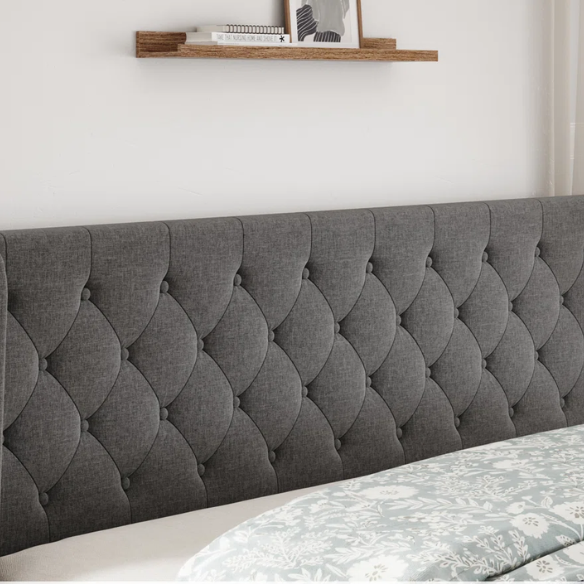 Luxurious King Size Upholstered Wingback Platform Bed with Button-Tufted Linen Fabric – Sturdy Wood Frame, High-Density Foam, and Ample Under-Bed Storage for a Stylish, Safe, and Comfortable Bedroom