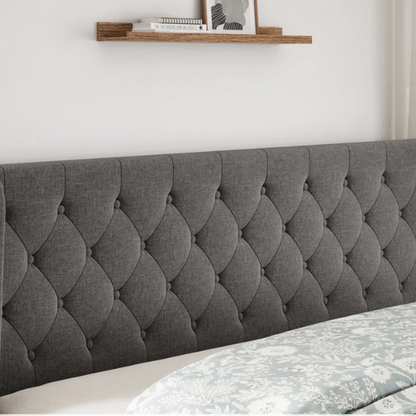 Luxurious King Size Upholstered Wingback Platform Bed with Button-Tufted Linen Fabric – Sturdy Wood Frame, High-Density Foam, and Ample Under-Bed Storage for a Stylish, Safe, and Comfortable Bedroom