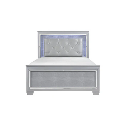 3-Piece Silver Modern LED Panel Bedroom Set with Faux Leather Upholstered Tufted Headboard, Alligator Embossing, and Crystal-Enhanced Accents
