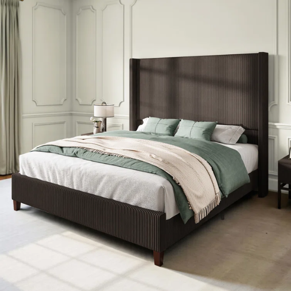 Queen Size Upholstered Wingback Platform Bed in Ribbed Corduroy Fabric
