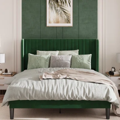 King Size Upholstered Platform Bed with Wingback Headboard – Simple, Elegant Design, Sturdy Wooden Slats, No Box Spring Needed for a Luxurious Sleep Experience