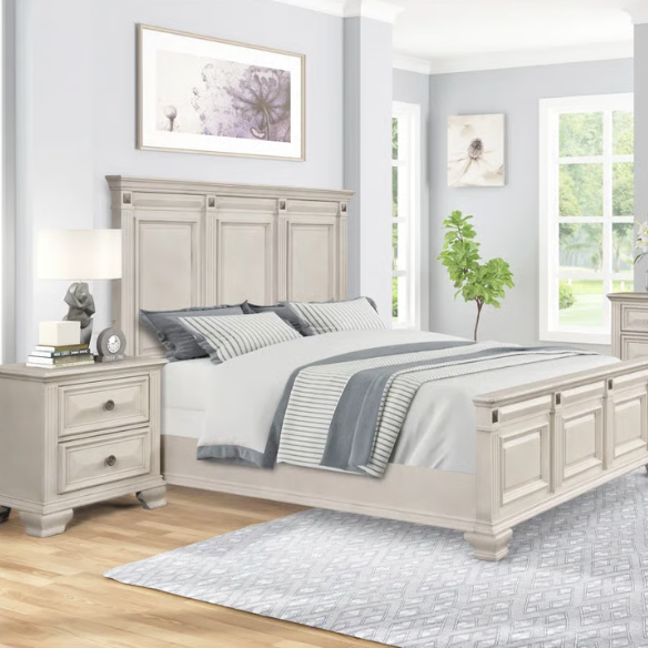 5-Piece King Bedroom Set – Solid Wood Construction with Muted Silver Accents, Fluted Pilasters, French Bracket Foot Bases, and Elegant Dovetail Drawer Detailing for Timeless Sophistication