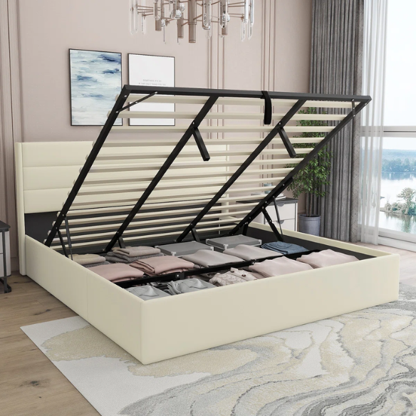Elegant Hydraulic Lift Upholstered Storage Bed with Wingback Headboard, Velvet Fabric, Button-Tufted Detailing, and Ample Under-Bed Storage for Bedding and Seasonal Items