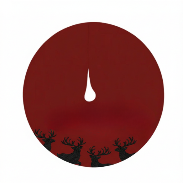 Red Christmas Tree Skirt with Black Deer Silhouette Pattern