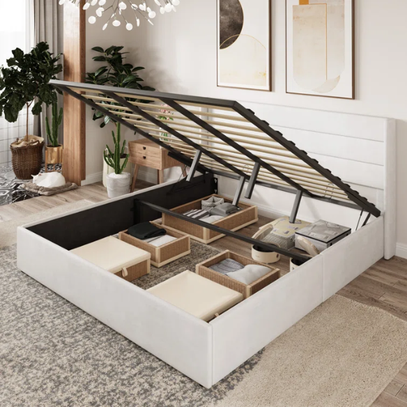 Modern King Size Upholstered Platform Bed with Hydraulic Lift Storage – Sleek Grooved Headboard, Space-Saving Design, and No Box Spring Needed