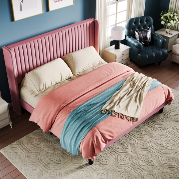Luxurious King Size Upholstered Velvet Platform Bed with Modern Wingback Headboard – Heavy-Duty Steel Frame, No Box Spring Needed, and Ample Under-Bed Storage