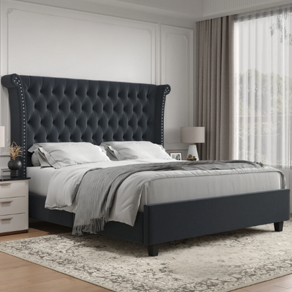 Luxurious Tufted Button Upholstered Wingback Queen Bed with Raised Headboard for Ultimate Comfort
