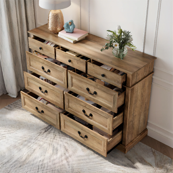 Rustic Modern 9-Drawer 53.5'' Double Dresser with Inset Paneling, Crown Molding, and Customizable Metal Handles