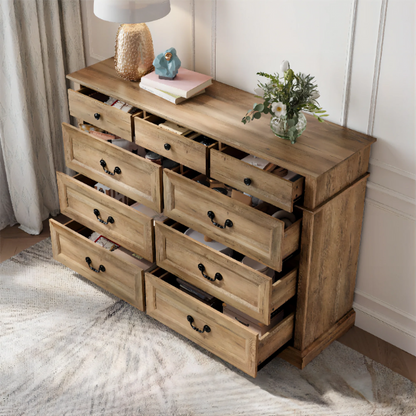 Rustic Modern 9-Drawer 53.5'' Double Dresser with Inset Paneling, Crown Molding, and Customizable Metal Handles