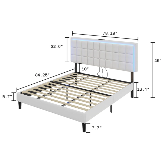 King Size Button-Tufted Platform Bed with LED Headboard, Built-in Charging Station, and Under-Bed Storage – Modern Convenience Meets Stylish Design
