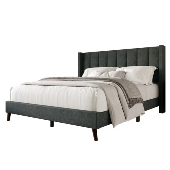 Queen Size Upholstered Wingback Bed with Soft Polyester Fabric – Elegant and Modern Design