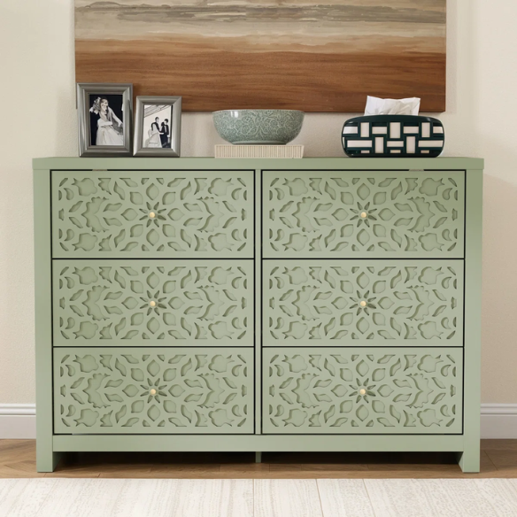 Boho-Inspired 45.4" 6-Drawer Dresser with Distressed Finish and Openwork Floral Details