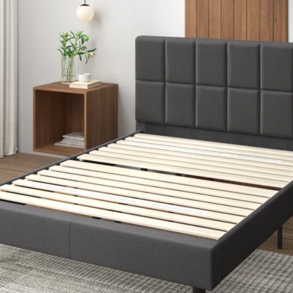 Modern King Size Upholstered Low Profile Platform Bed – Square-Tufted Headboard, Durable Steel Frame