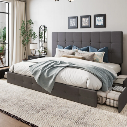 King Size Upholstered Platform Bed with Storage Drawers, Padded Headboard, and Sophisticated Button Tufting