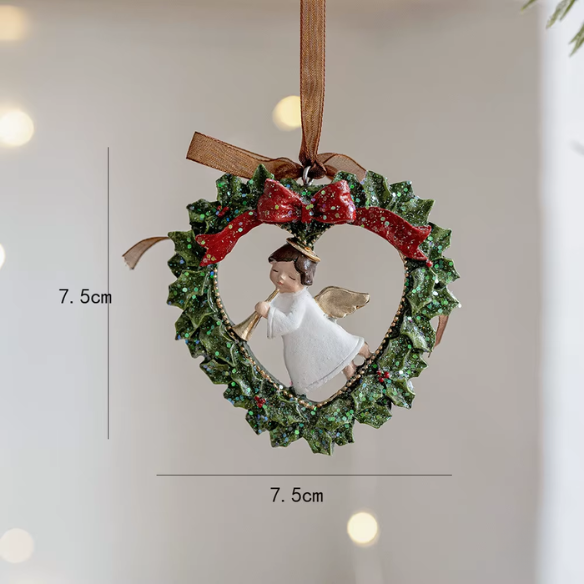 Angel with Wreath Christmas Ornament – Heart-Shaped Holiday Décor with Red Bow and Glitter Finish