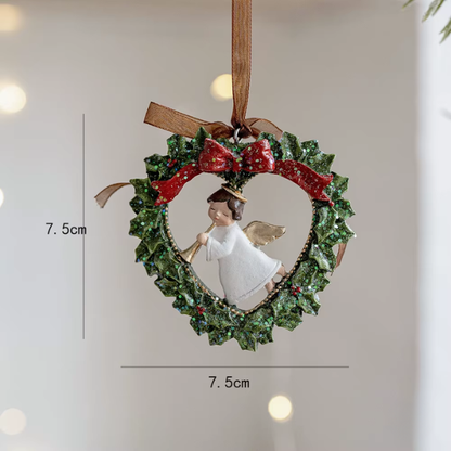 Angel with Wreath Christmas Ornament – Heart-Shaped Holiday Décor with Red Bow and Glitter Finish