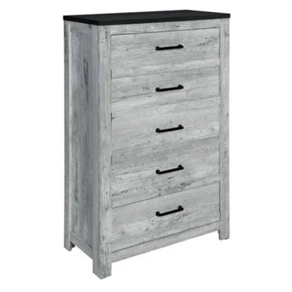 Rustic Grey Wash Queen 5-Piece Bedroom Set – Plank Design Bed, Dresser, Nightstand, and Chest with Black Accents and Durable Hardware