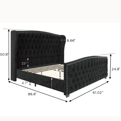 Velvet Queen Size Bed with Button Tufted Upholstery, Nailhead Trim, and Wingback Headboard
