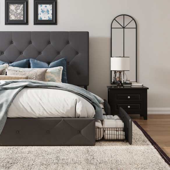 King Size Upholstered Platform Bed with Storage Drawers, Padded Headboard, and Sophisticated Button Tufting