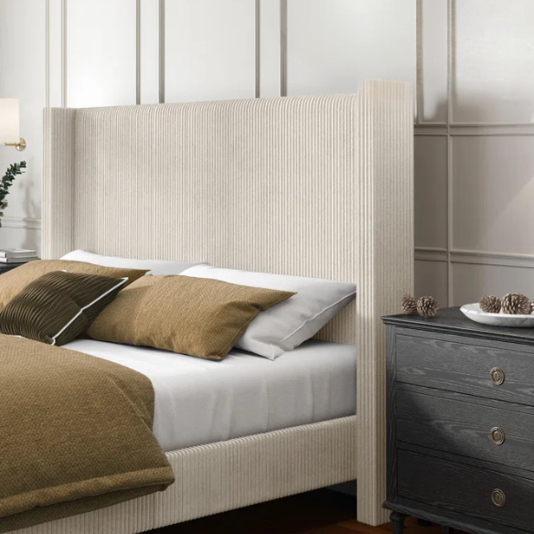 Modern King Size Corduroy Upholstered Bed with Wingback Design – Solid Wood and Metal Frame with Tapered Legs and Extra Cushioned Comfort
