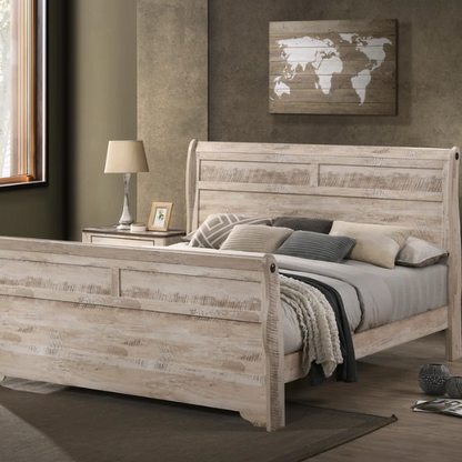 Shabby Elegance 5-Piece Sleigh Queen Bedroom Set – Vintage White-Washed Finish, Designer Antique Metal Pulls, and Spacious Drawers with Felt-Lined Top Drawers