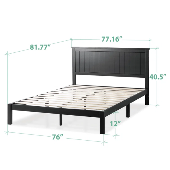 Modern Farmhouse King Size Solid Wood Platform Bed with Slat-Style Headboard and Matte Black Finish