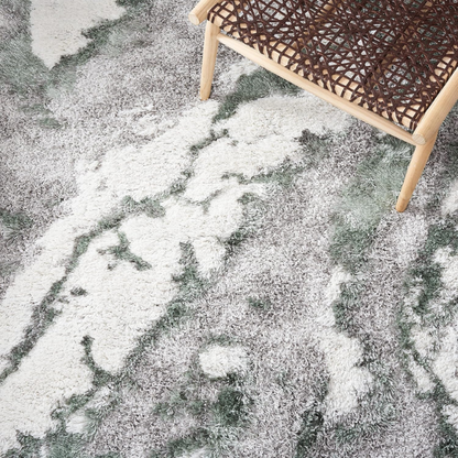 Plush Abstract Green, Grey, and White Pattern Shag Rug