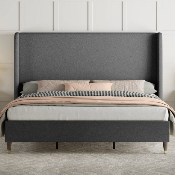 King Size Upholstered Platform Bed with Wingback Design, Foam-Padded Linen Headboard, and Steel Reinforced Frame