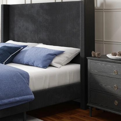 Modern King Size Corduroy Upholstered Bed with Wingback Design – Solid Wood and Metal Frame with Tapered Legs and Extra Cushioned Comfort
