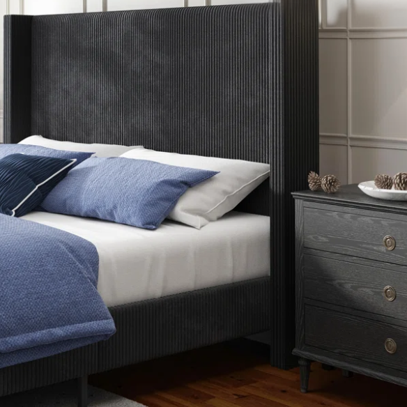 Modern King Size Corduroy Upholstered Bed with Wingback Design – Solid Wood and Metal Frame with Tapered Legs and Extra Cushioned Comfort